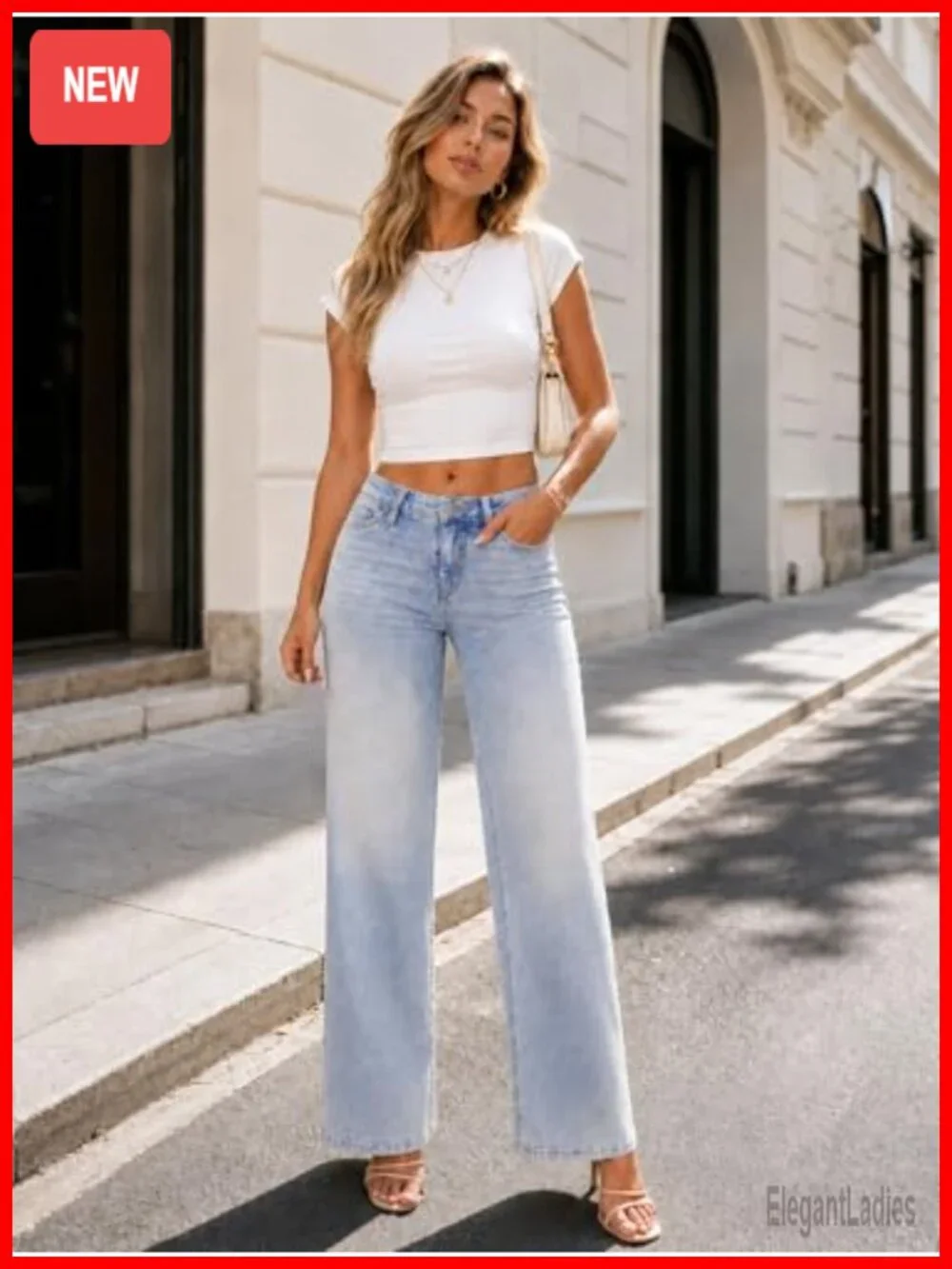 Mid-Low Rise Baggy Wide Leg Jeans Stretchy Distressed Denim Butt Lifting Tummy